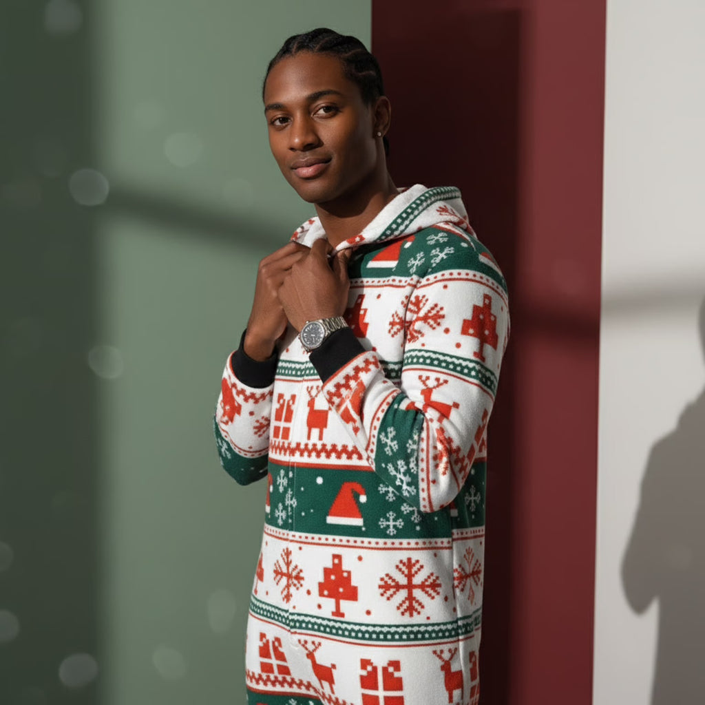 Weihnachts-Overall mit Geschenkmuster und Rentier-Kapuze