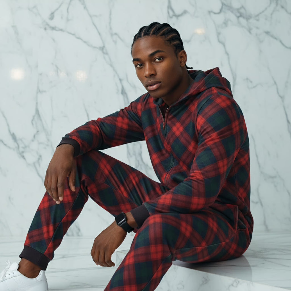 Weihnachts-Overall mit Karomuster und Rentier-Kapuze