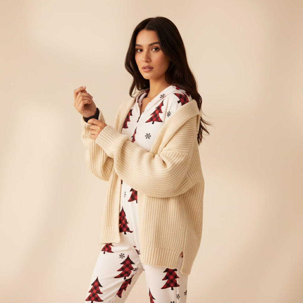 Weihnachts-Overall mit Tannenbaummuster und Rentier-Kapuze