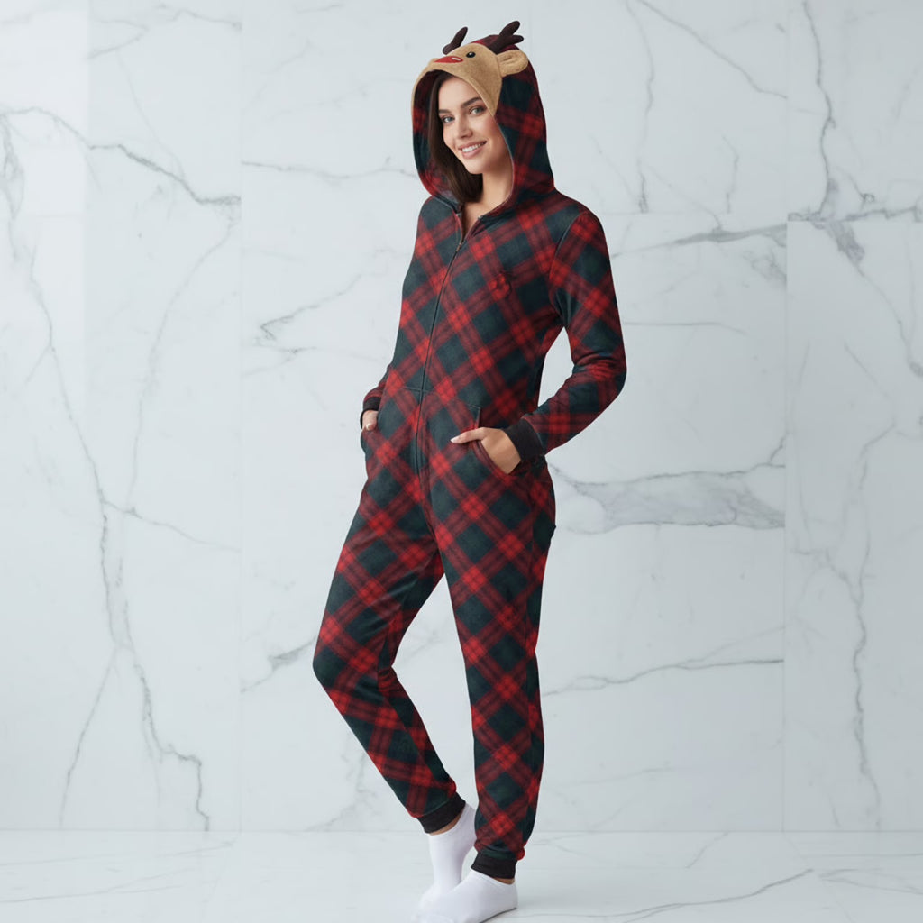 Weihnachts-Overall mit Karomuster und Rentier-Kapuze