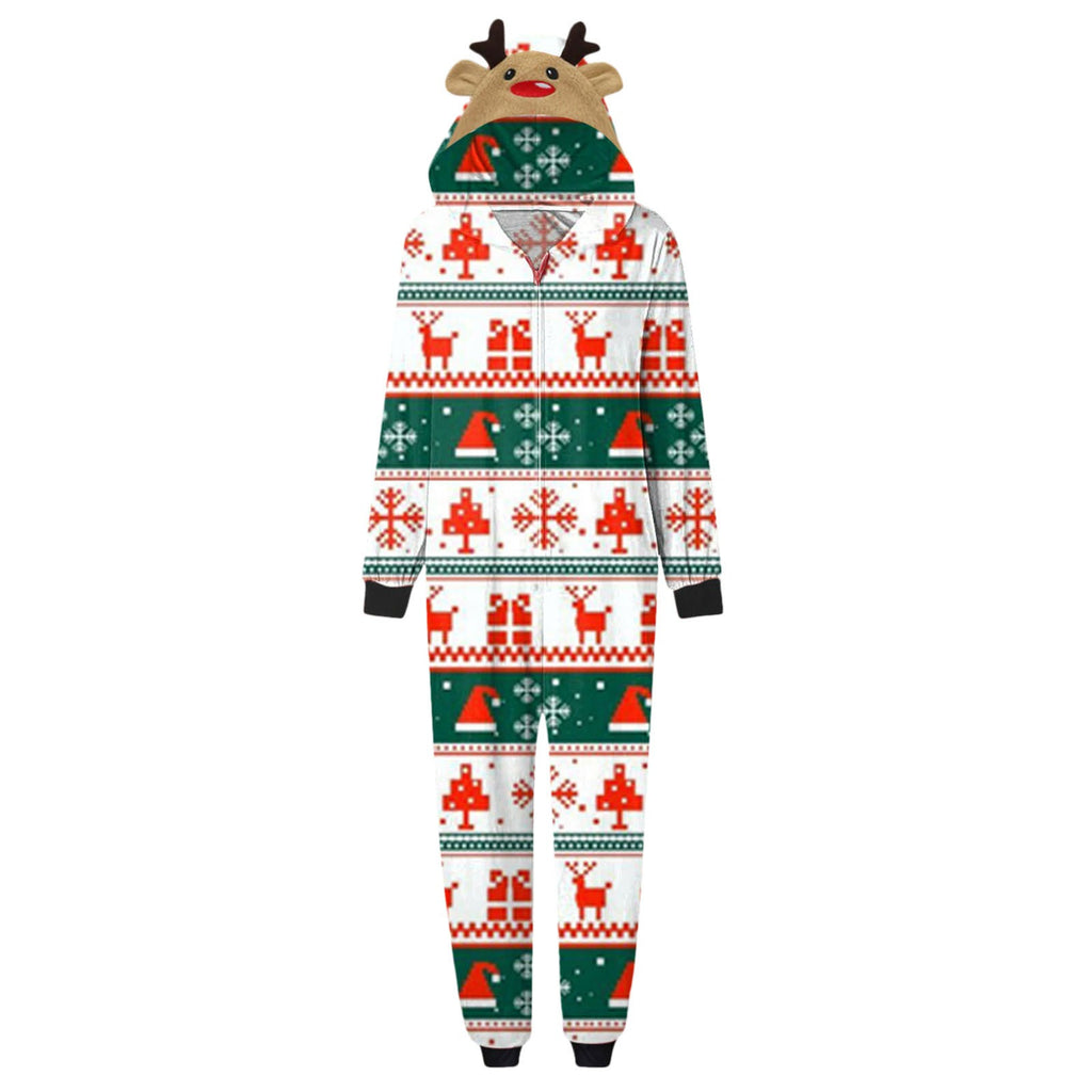 Familien-Weihnachtspyjamas – Klassisches Rentier- und Geschenk-Design mit Kapuze & Reißverschluss