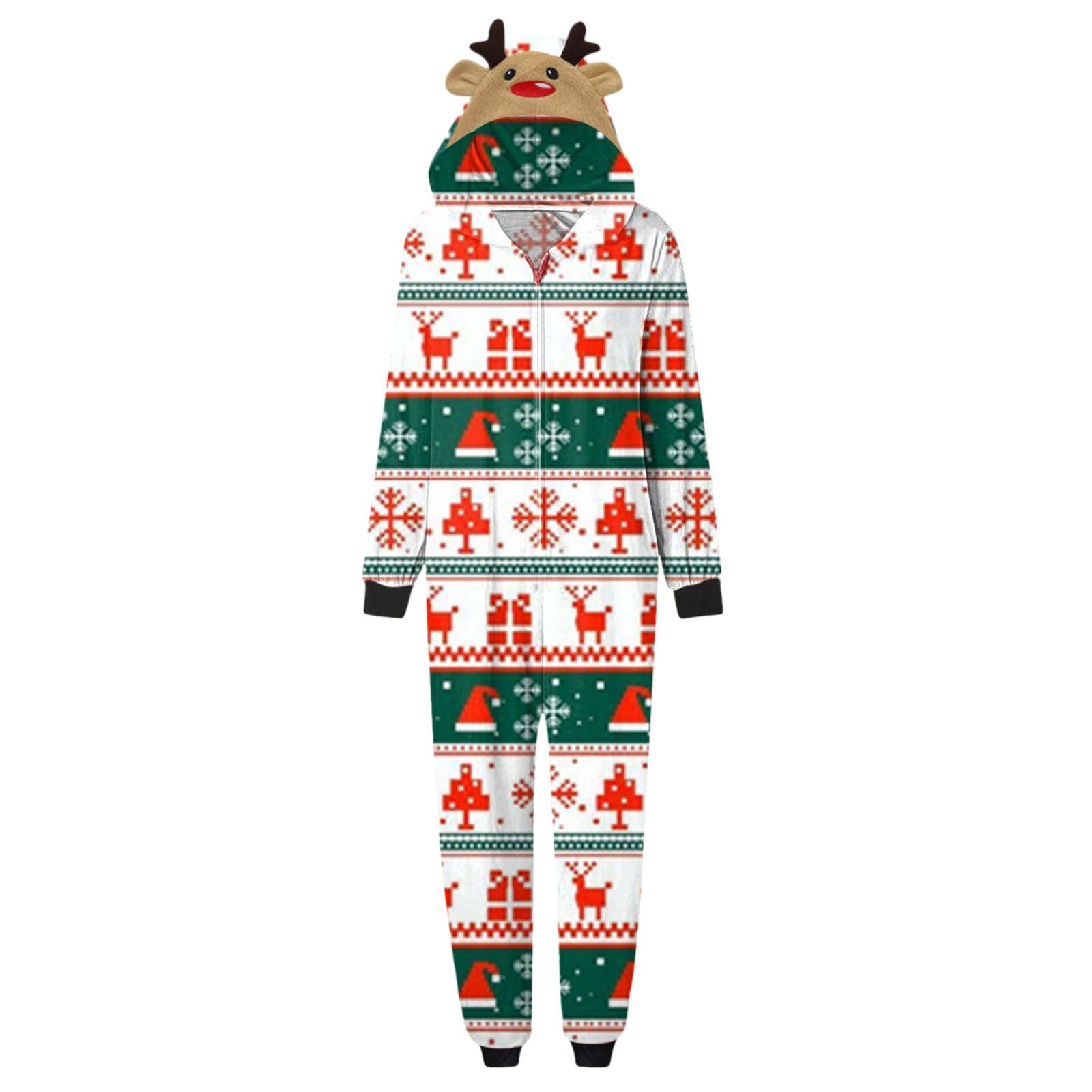 Familien-Weihnachtspyjamas – Klassisches Rentier- und Geschenk-Design mit Kapuze & Reißverschluss