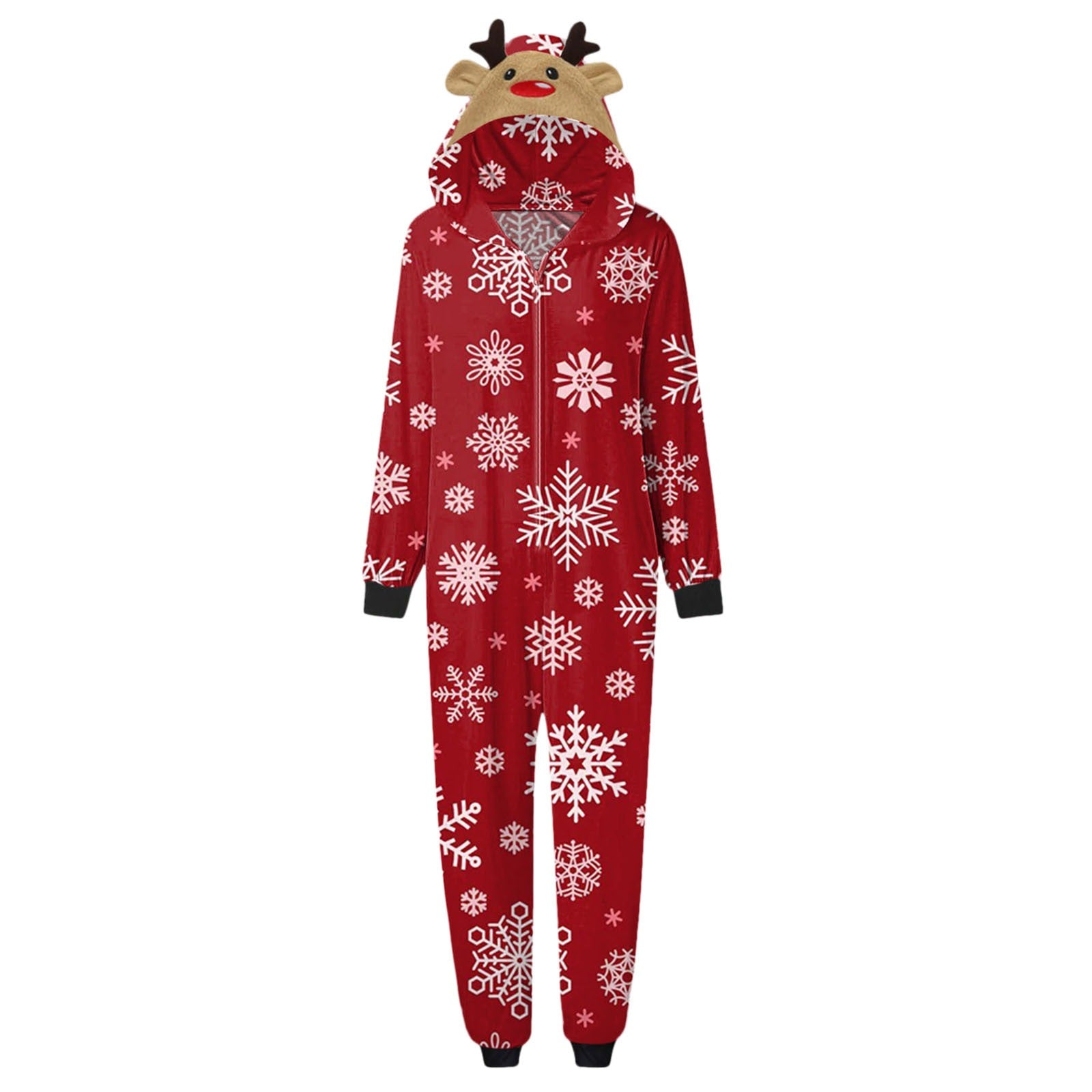 Familien-Weihnachtspyjamas – Rote Rentier-Einteiler mit Schneeflockenmotiv & Kapuze