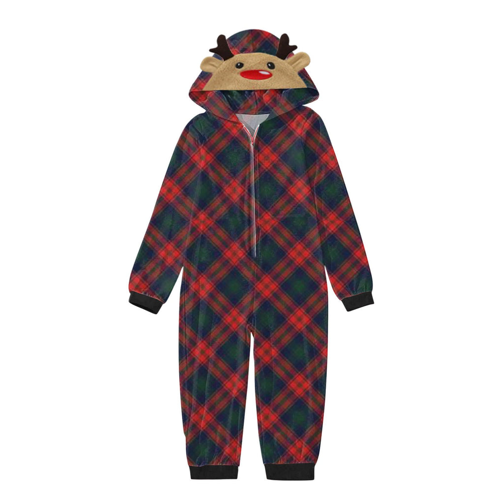 Familien-Weihnachtspyjamas – Kariertes Rentier-Einteiler-Set mit Kapuze & Reißverschluss