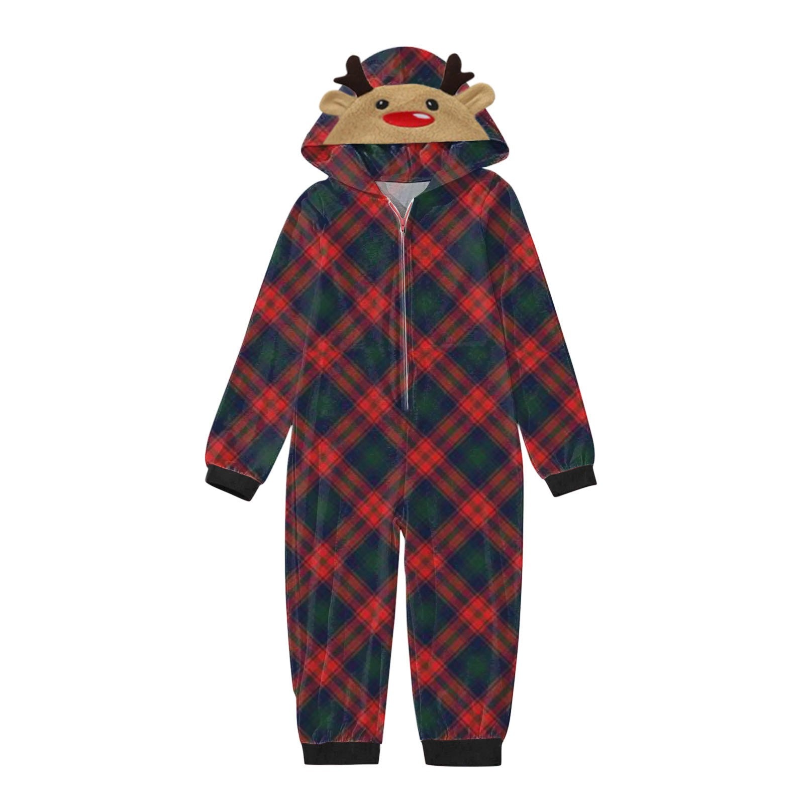 Familien-Weihnachtspyjamas – Kariertes Rentier-Einteiler-Set mit Kapuze & Reißverschluss