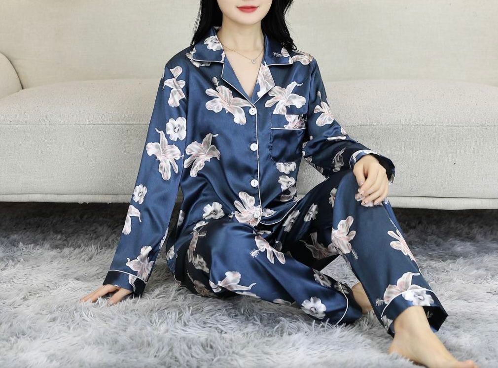 Eleganter Satin Damen Pyjama 2-teilig – Langarm Seiden Nachtwäsche mit Blumenmuster