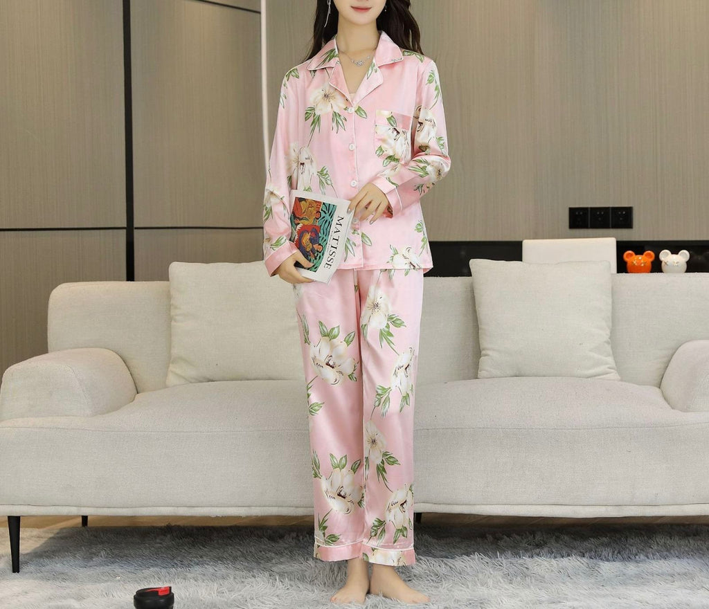 Eleganter Satin Damen Pyjama 2-teilig – Langarm Seiden Nachtwäsche mit Blumenmuster