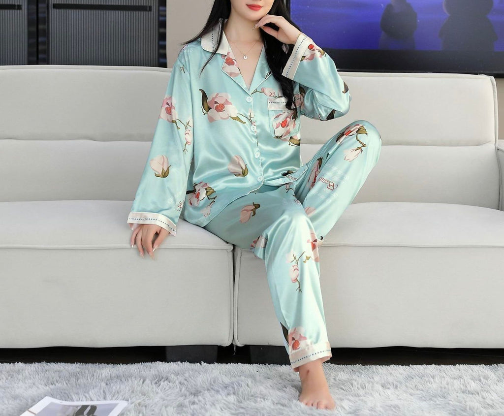 Eleganter Satin Damen Pyjama 2-teilig – Langarm Seiden Nachtwäsche mit Blumenmuster