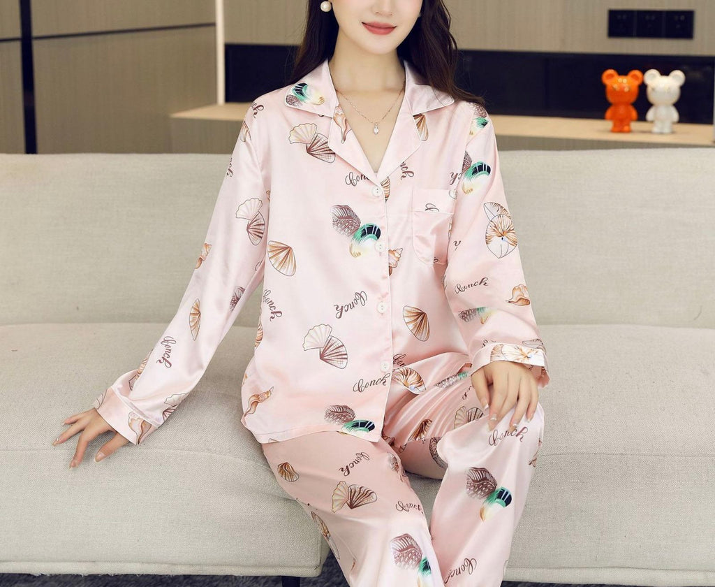 Eleganter Satin Damen Pyjama 2-teilig – Langarm Seiden Nachtwäsche mit Blumenmuster